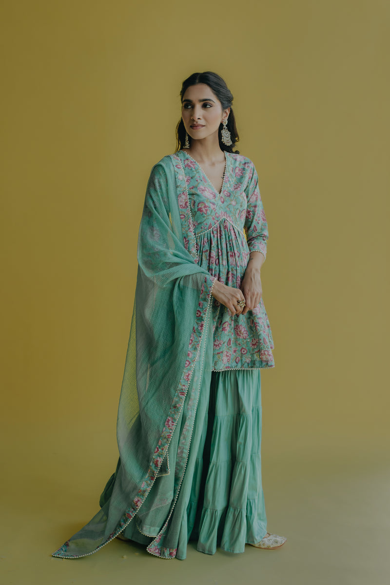 Sana Aqua Green Printed Cotton Kurti, Sharara & Dupatta Set