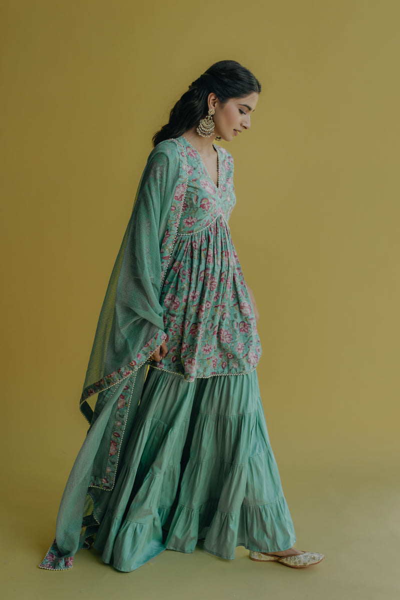 Sana Aqua Green Printed Cotton Kurti, Sharara & Dupatta Set