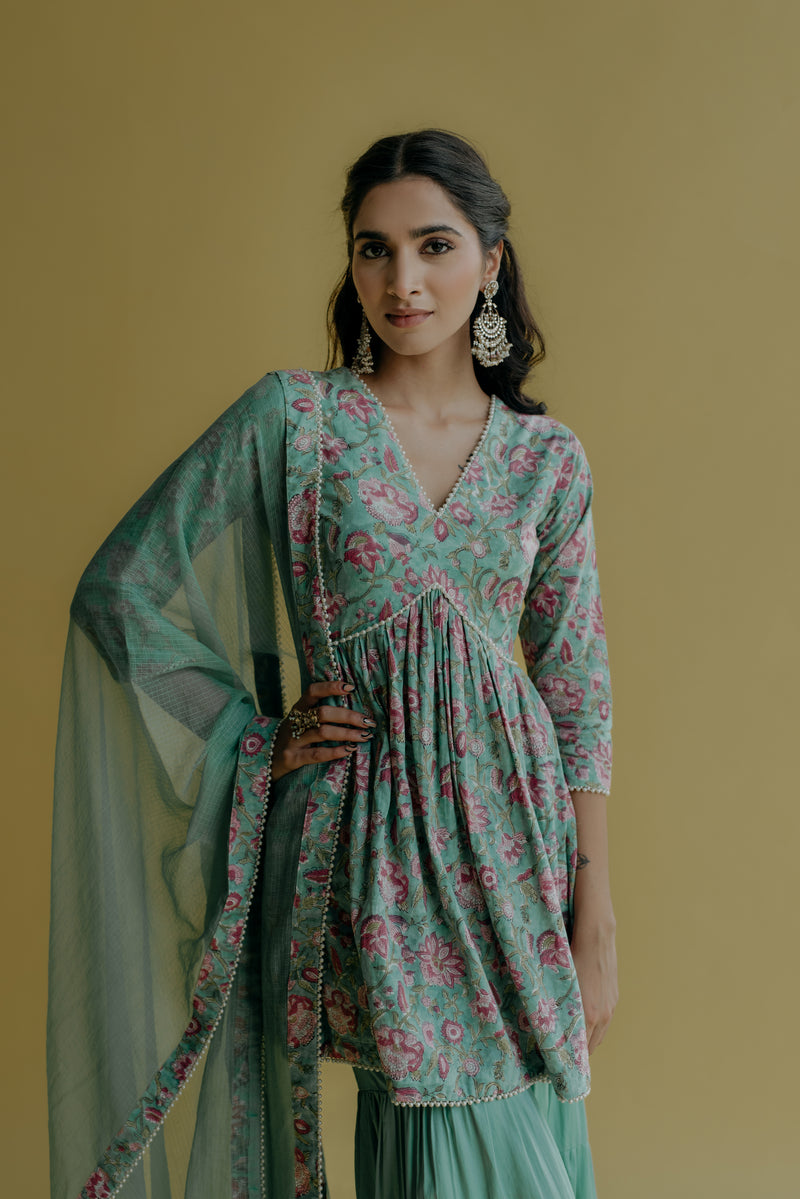 Sana Aqua Green Printed Cotton Kurti