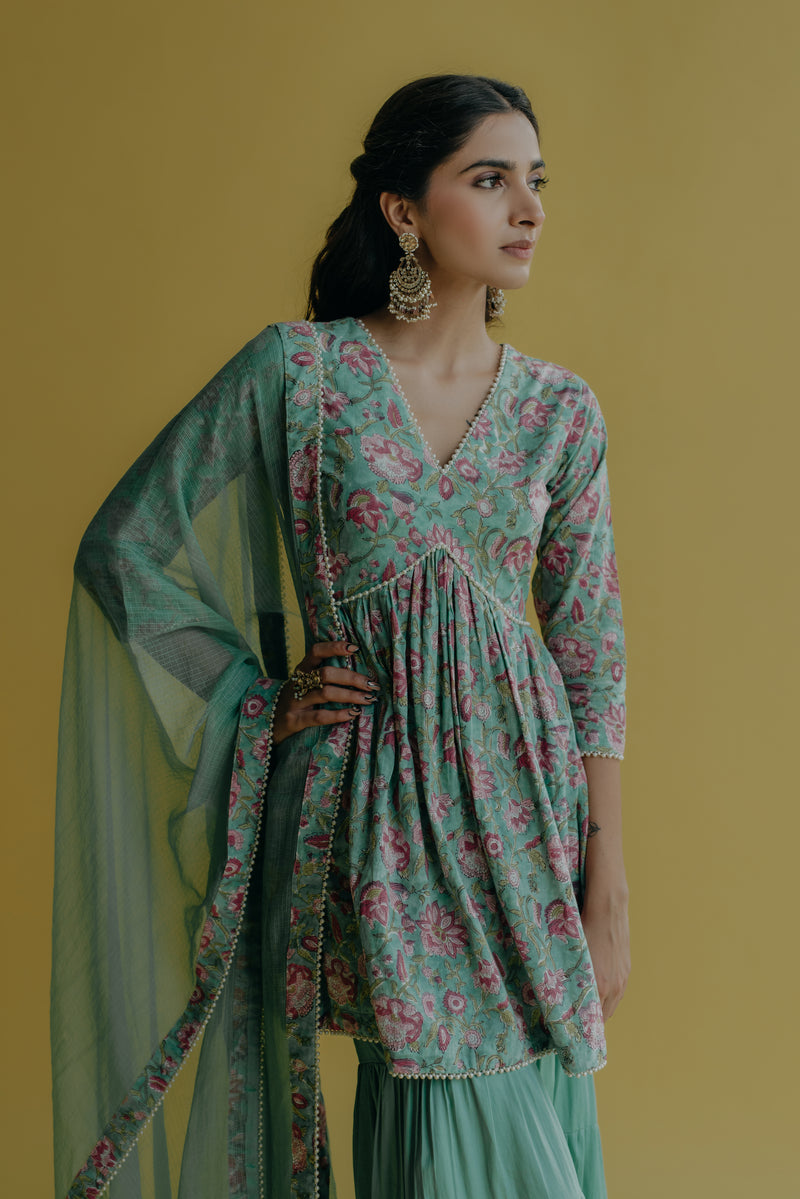 Sana Aqua Green Printed Cotton Kurti