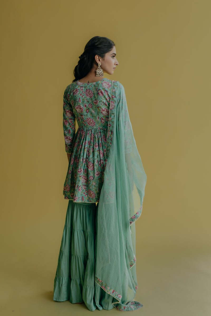 Sana Aqua Green Printed Cotton Kurti, Sharara & Dupatta Set