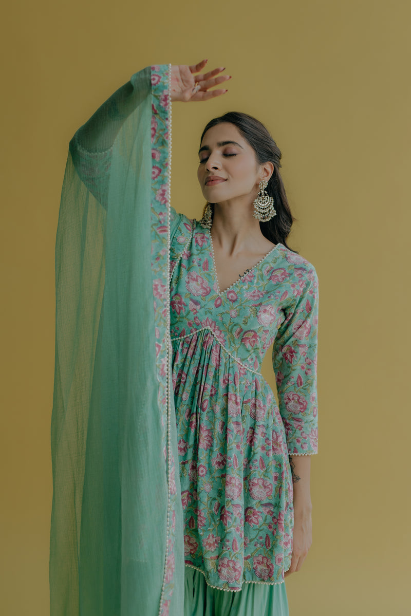 Sana Aqua Green Printed Cotton Kurti