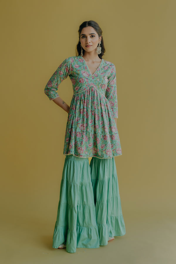 Sana Aqua Green Printed Cotton Kurti & Sharara Set