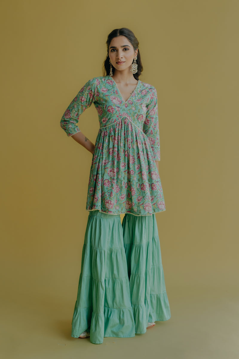 Sana Aqua Green Printed Cotton Kurti, Sharara & Dupatta Set