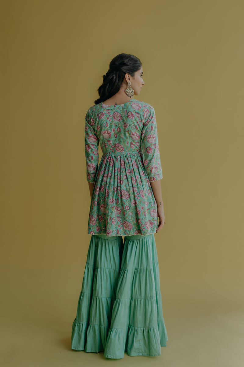 Sana Aqua Green Printed Cotton Kurti, Sharara & Dupatta Set