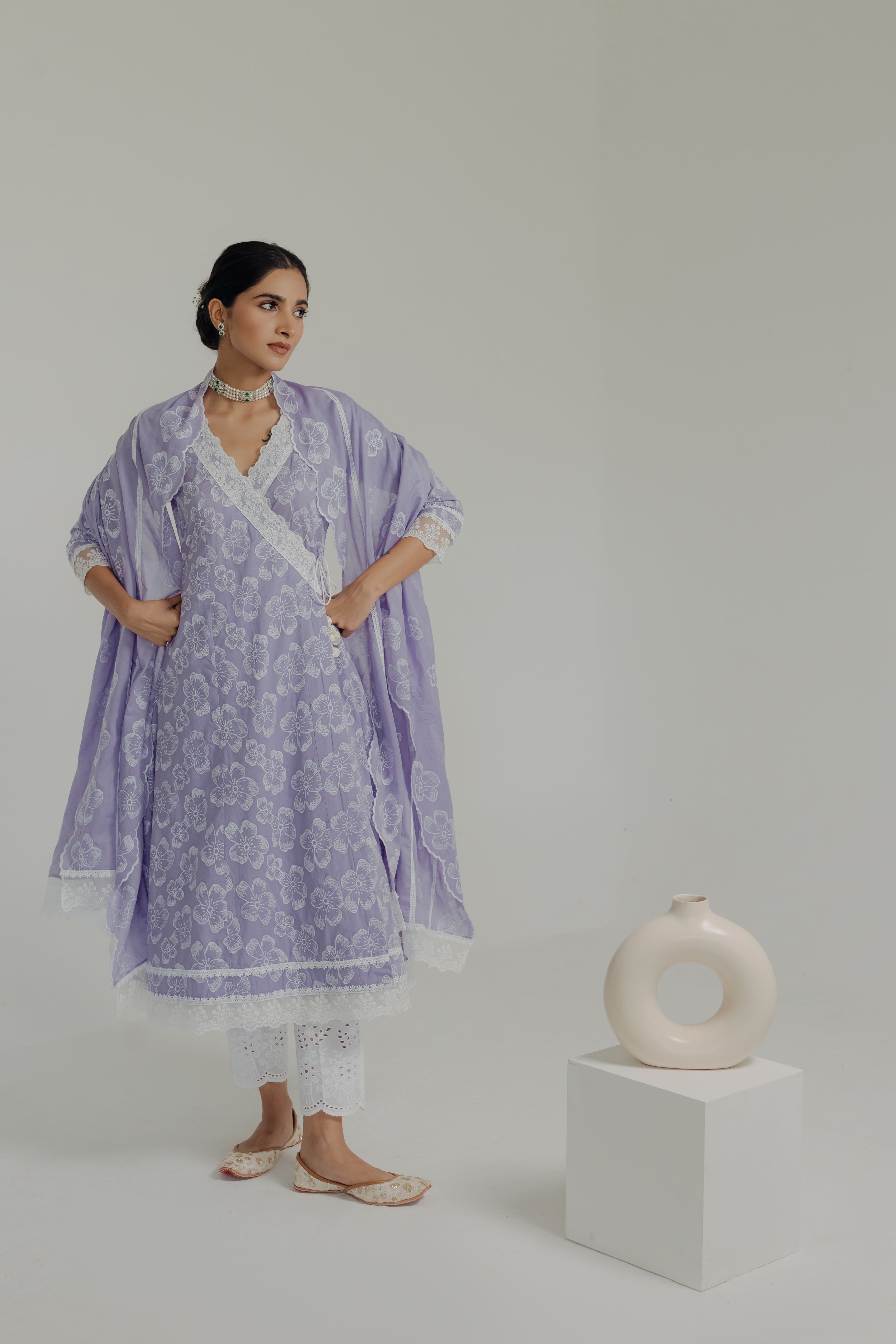 Naaz Lilac Embroidered Cotton Angrakha, Pants & Dupatta Set