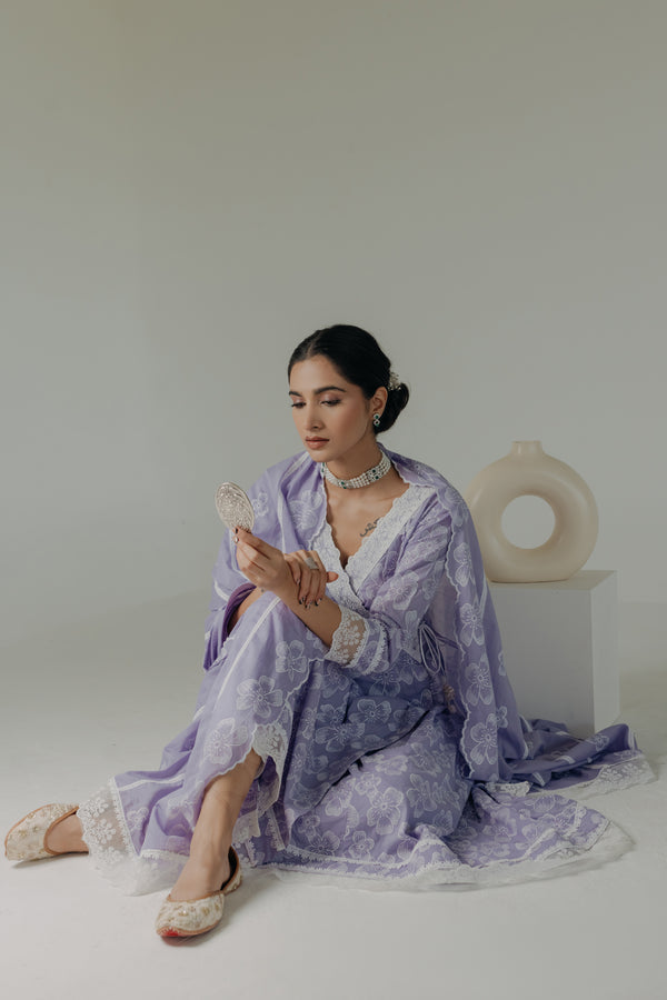 Naaz Lilac Embroidered Cotton Angrakha, Pants & Dupatta Set