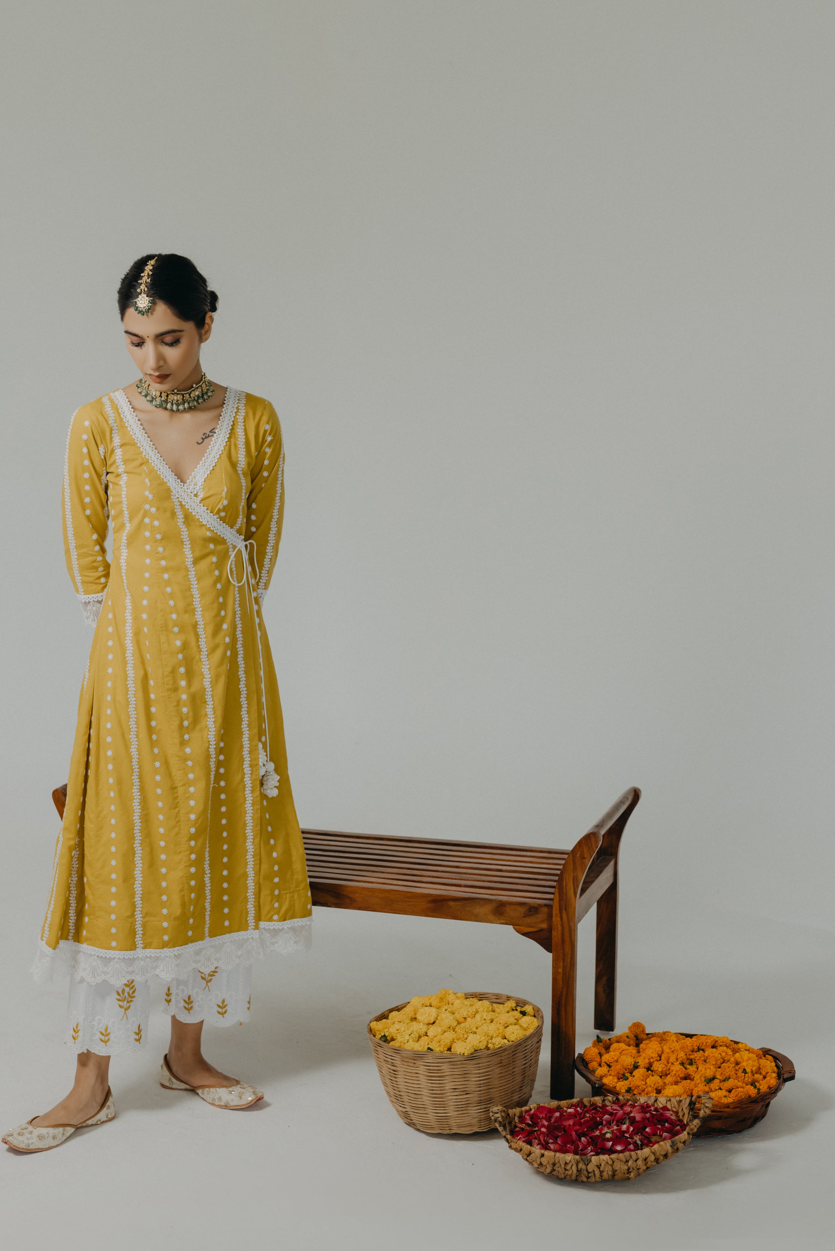 Amara Yellow Embroidered Cotton Angrakha & Pants