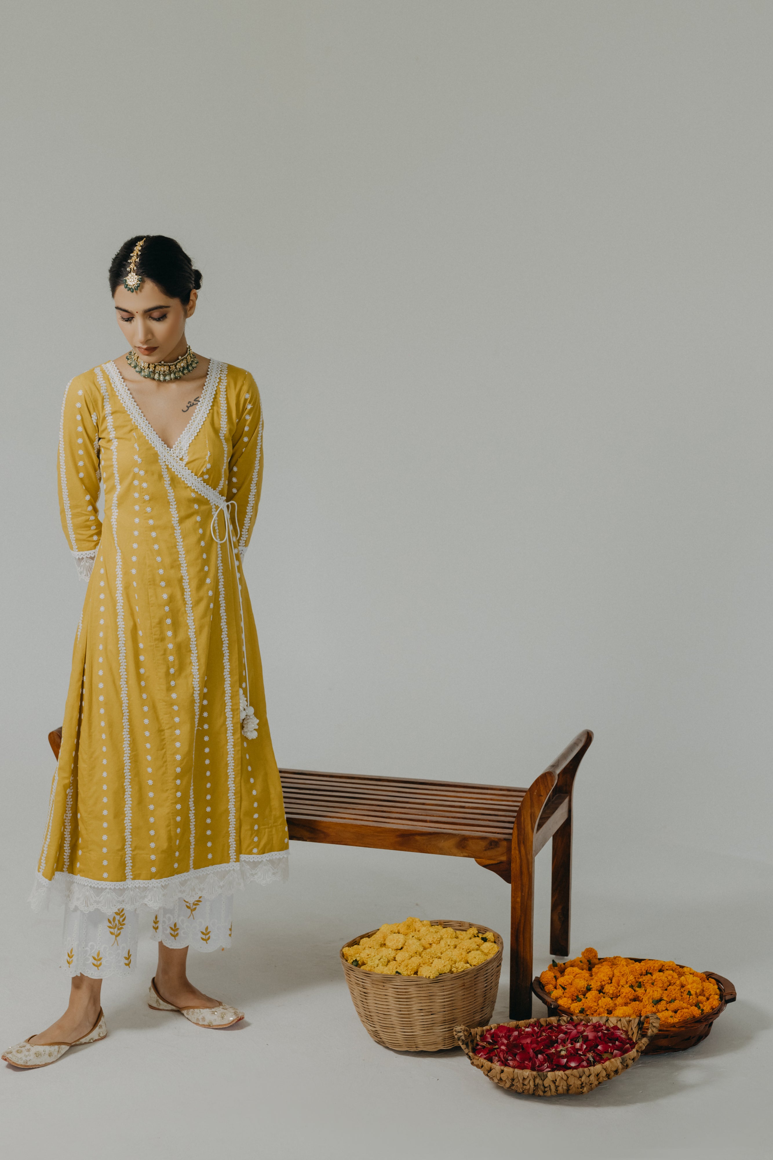 Amara Yellow Embroidered Cotton Angrakha