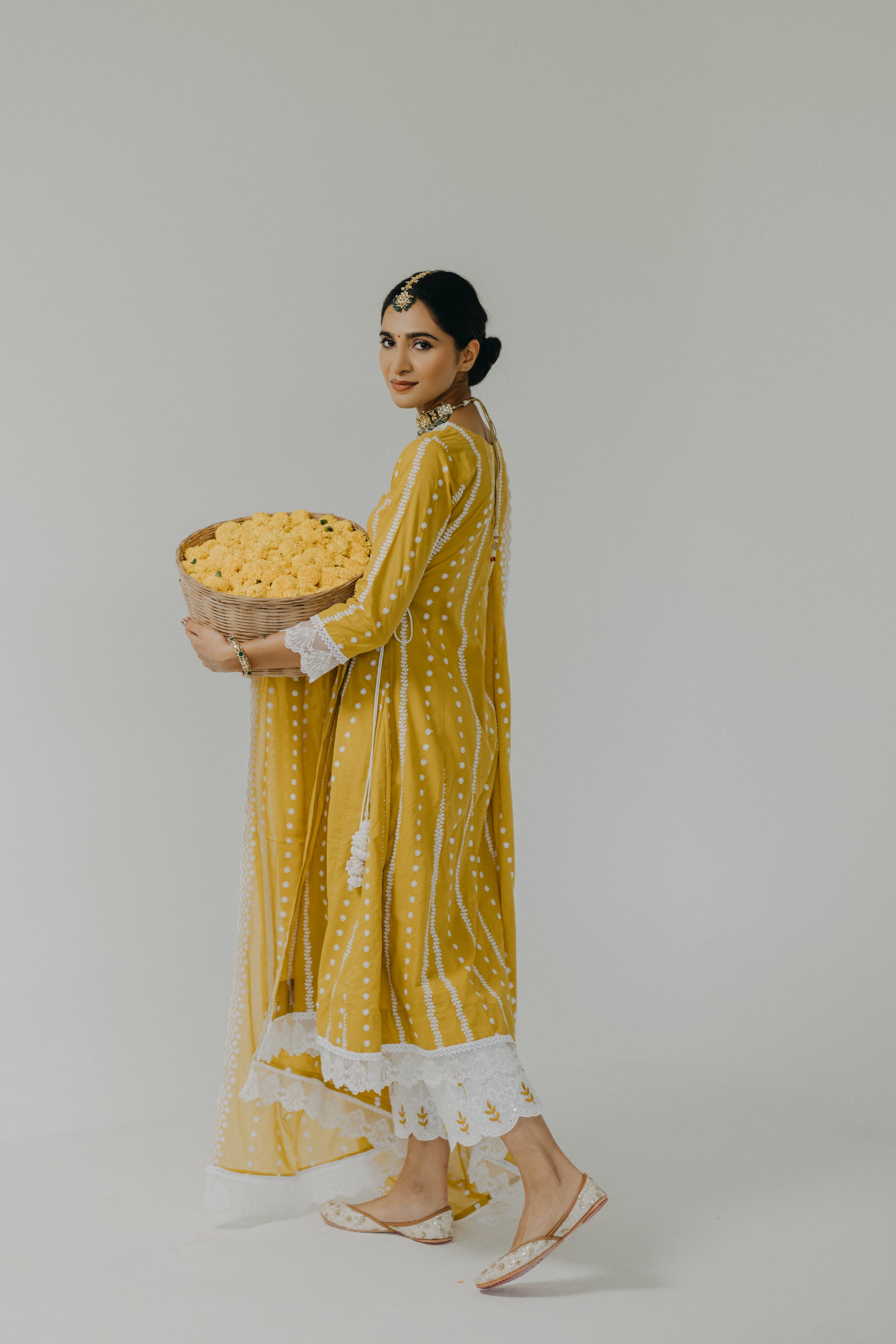 Amara Yellow Embroidered Cotton Angrakha