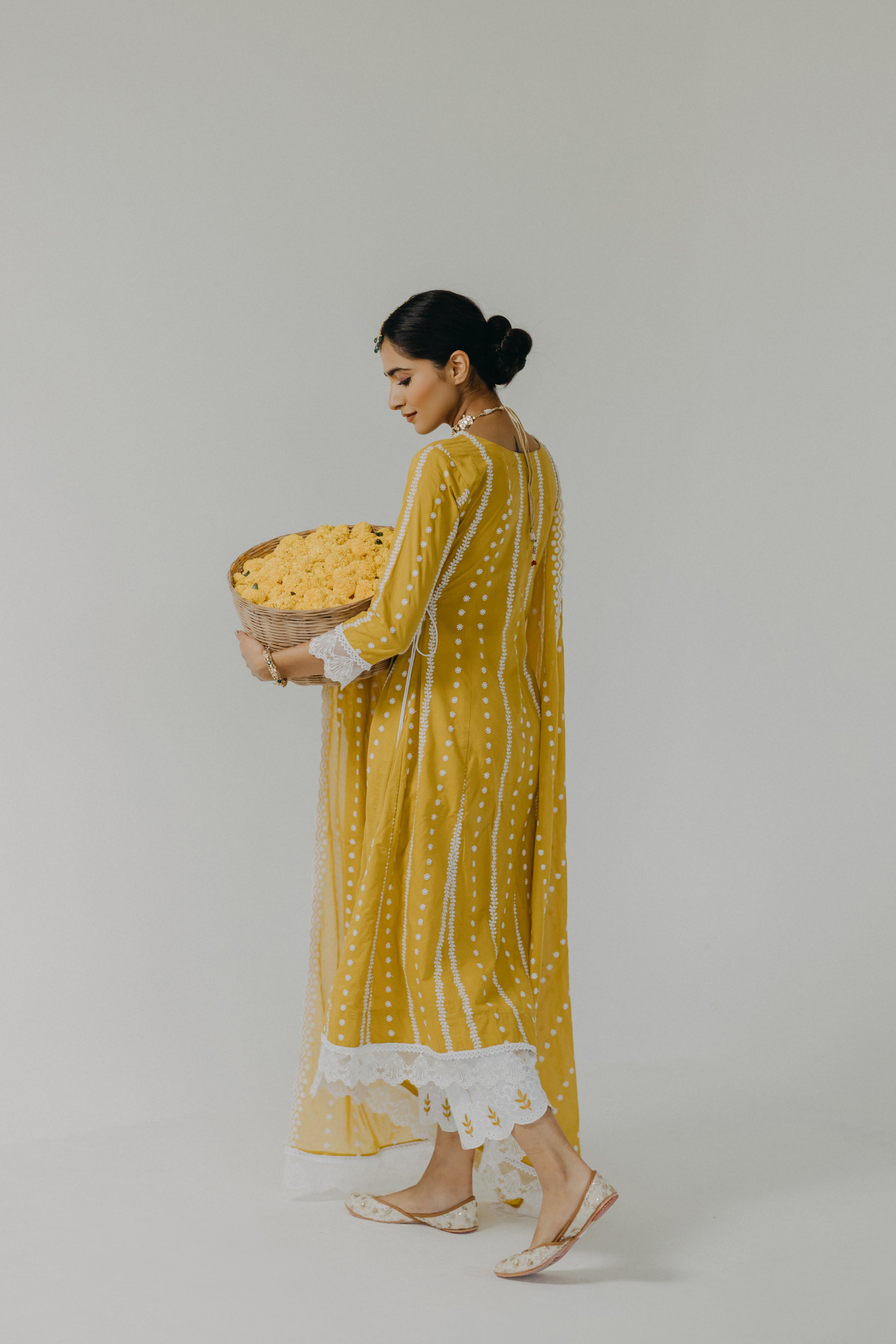 Amara Yellow Embroidered Cotton Angrakha, Pants & Dupatta Set