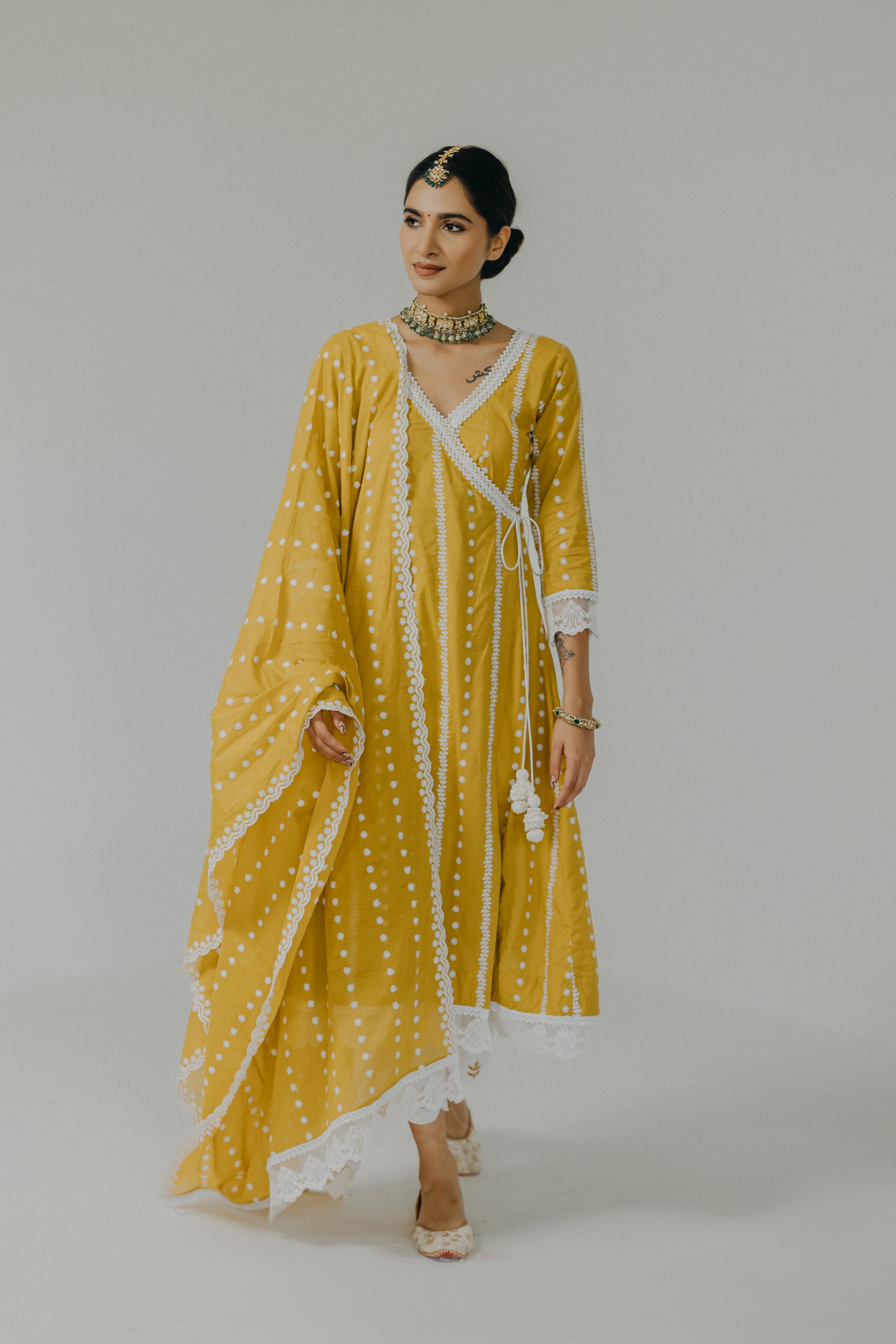 Amara Yellow Embroidered Cotton Angrakha & Pants