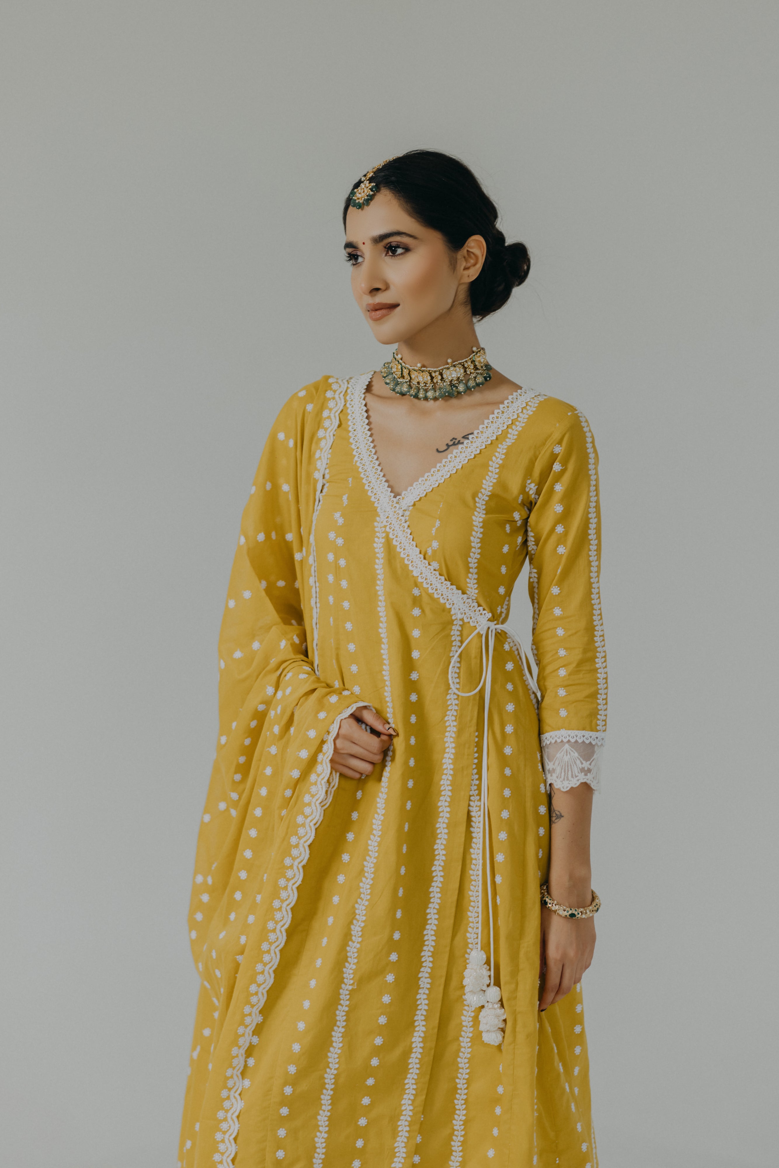 Amara Yellow Embroidered Cotton Angrakha & Pants
