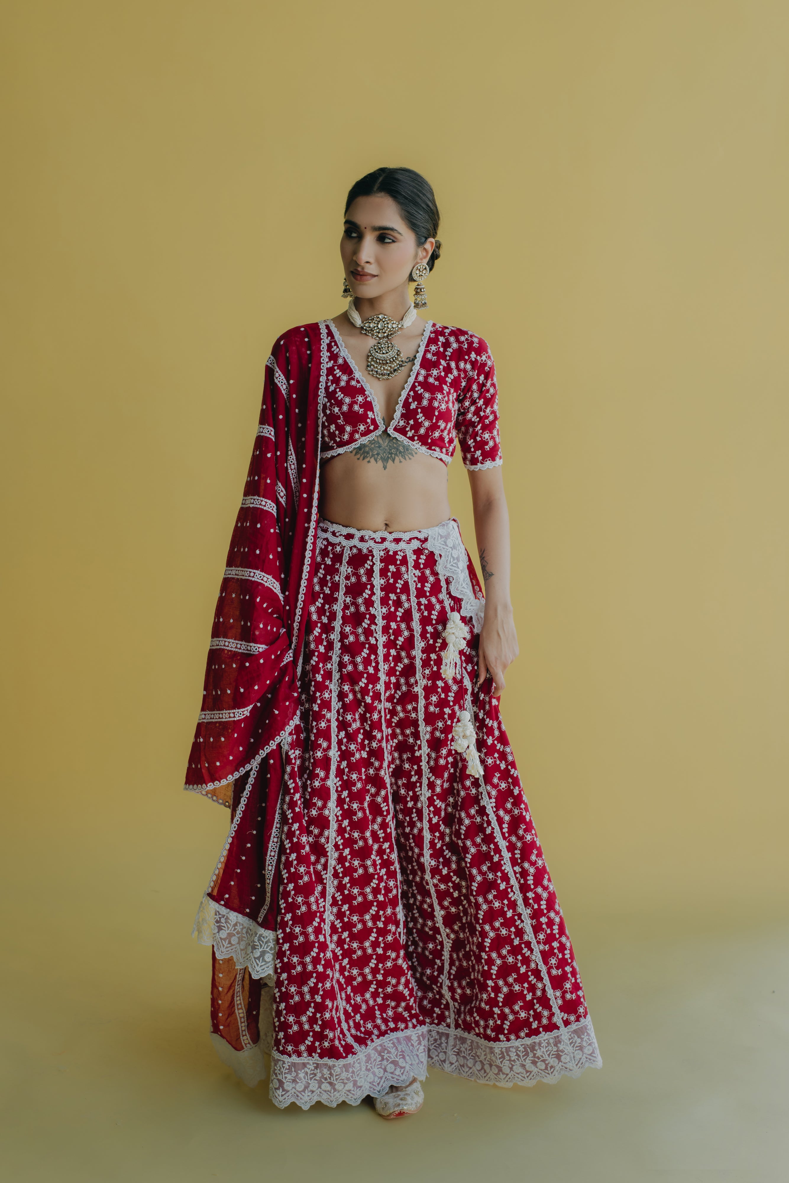 Zara Maroon Embroidered Cotton Lehenga Set