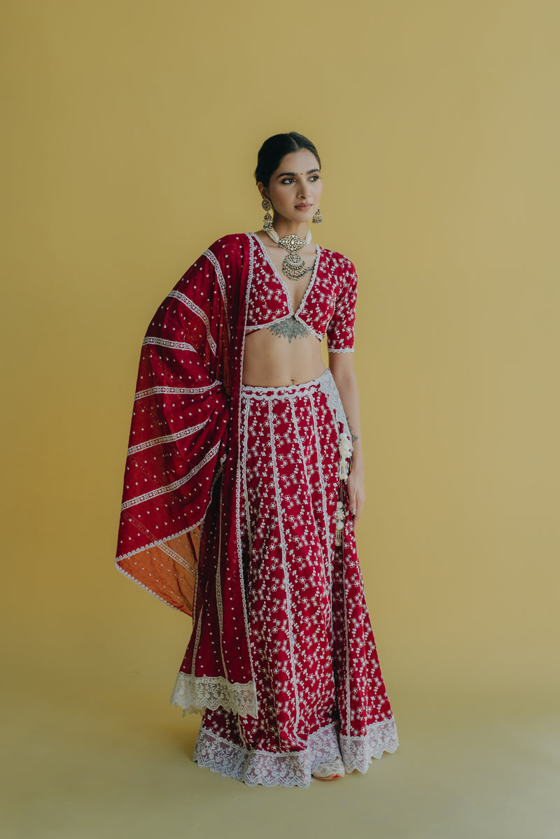 Zara Maroon Embroidered Cotton Lehenga Set