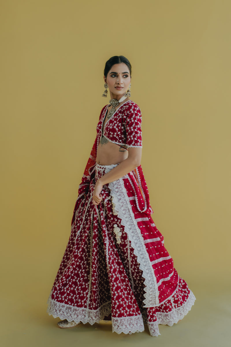 Zara Maroon Embroidered Cotton Lehenga Set