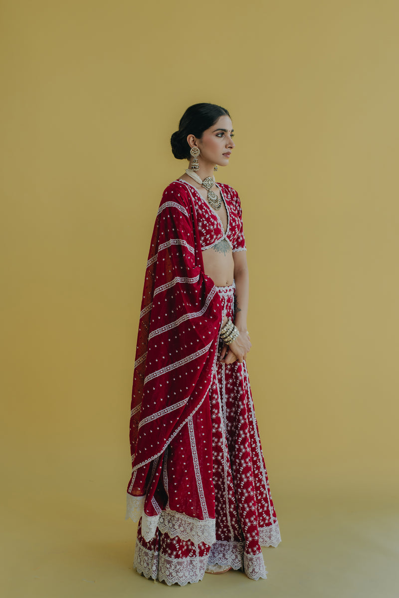 Zara Maroon Embroidered Cotton Lehenga Set