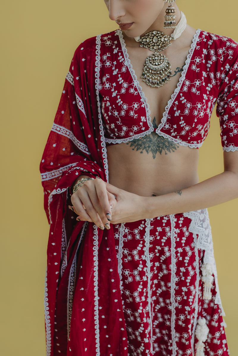 Zara Maroon Embroidered Cotton Blouse