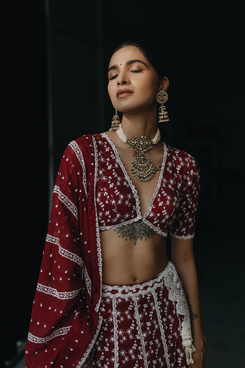Zara Maroon Embroidered Cotton Blouse