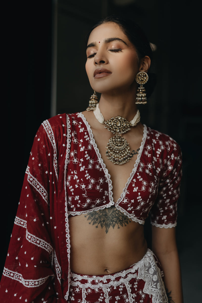 Zara Maroon Embroidered Cotton Blouse