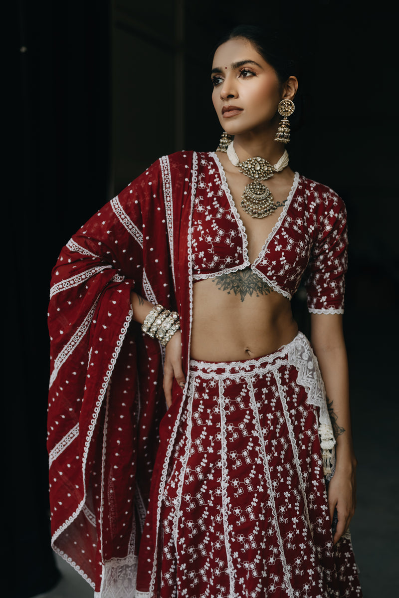 Zara Maroon Embroidered Cotton Blouse