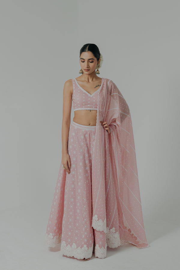 Meera Pink Embroidered Cotton Lehenga Set
