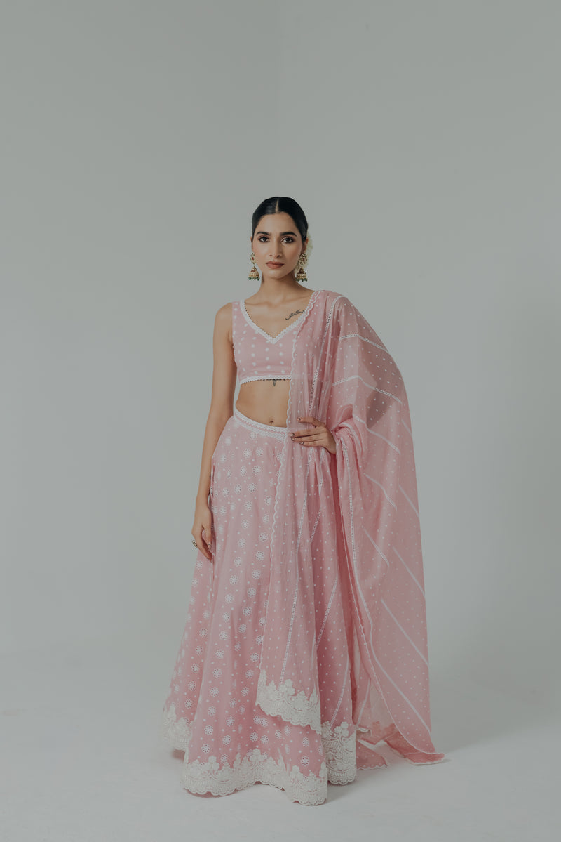 Meera Pink Embroidered Cotton Lehenga Set
