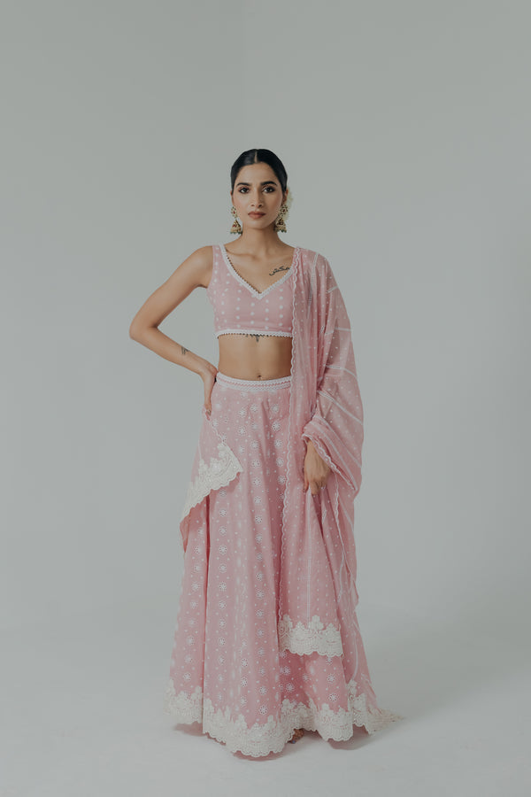 Meera Pink Embroidered Cotton Lehenga Set