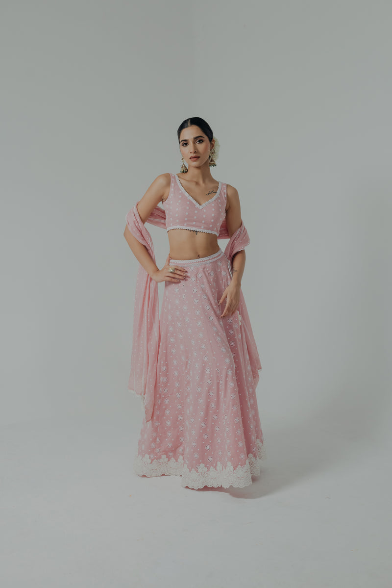 Meera Pink Embroidered Cotton Lehenga Set