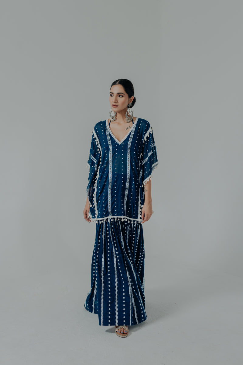Saira Royal Blue Embroidered Cotton Kaftan, Blouse and Sharara Set