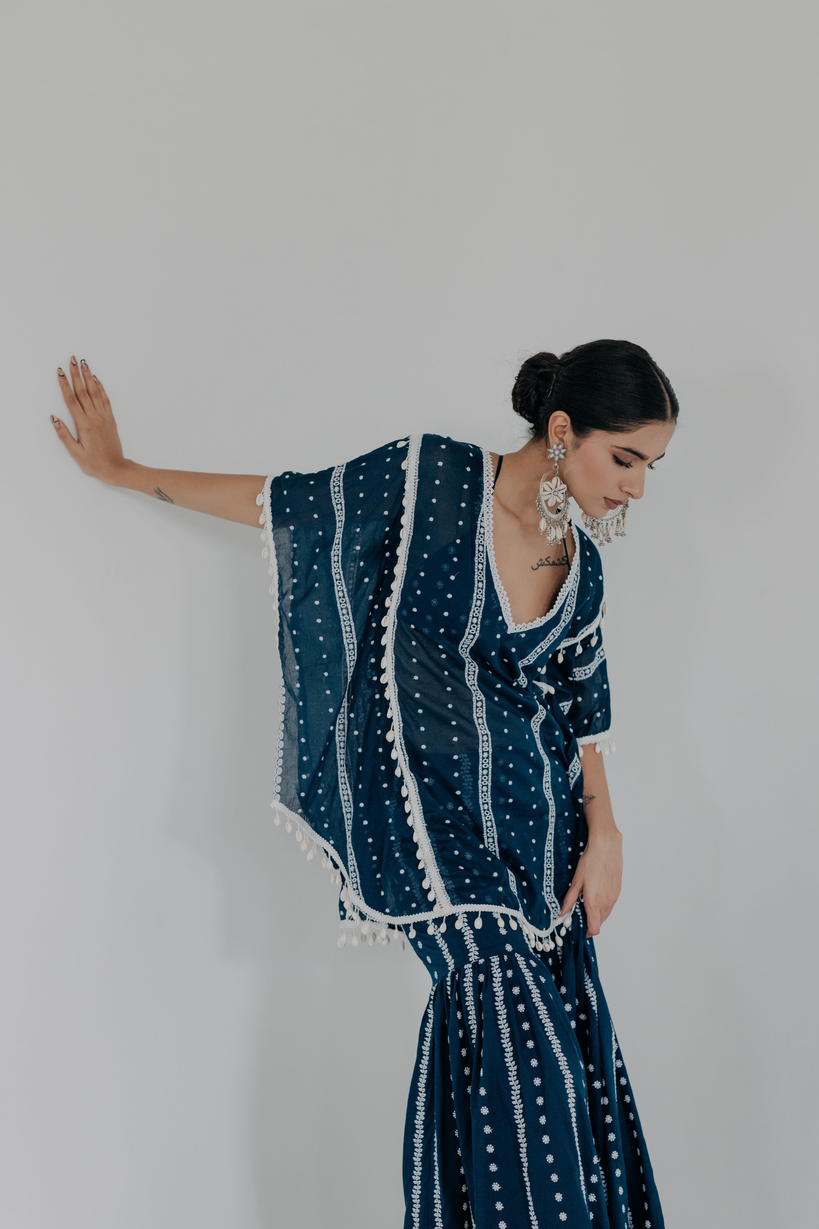 Saira Royal Blue Embroidered Cotton Kaftan, Blouse and Sharara Set