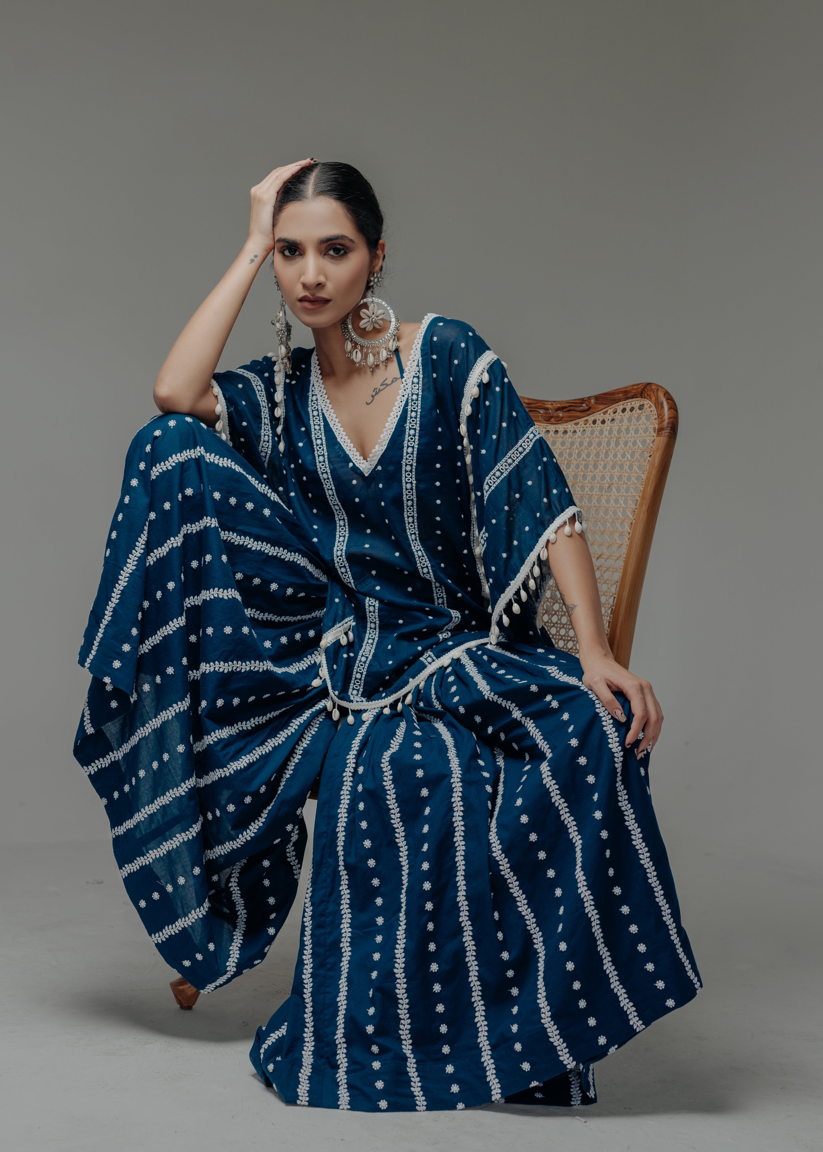 Saira Royal Blue Embroidered Cotton Kaftan, Blouse and Sharara Set
