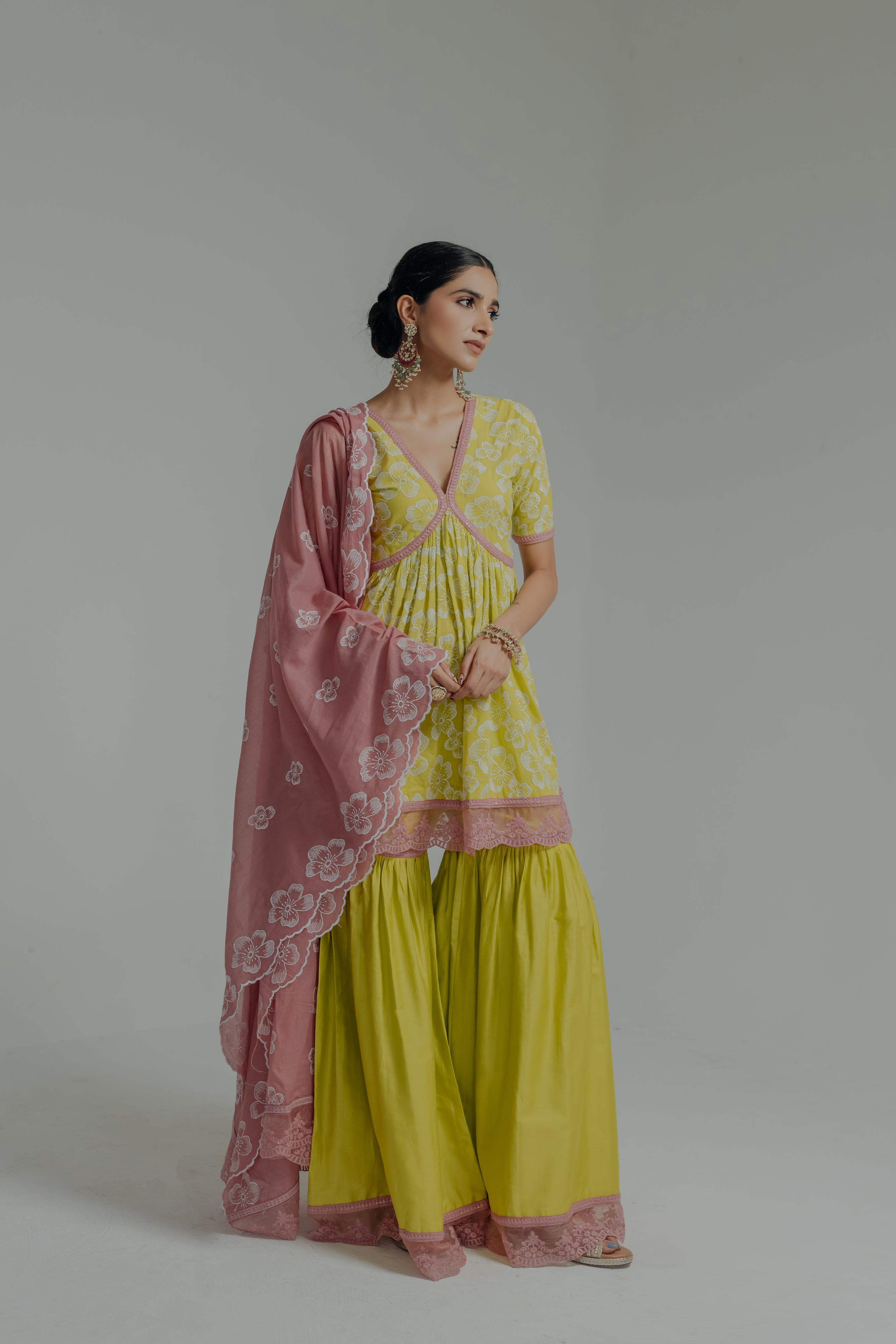 Shireen Green & Pink Embroidered Cotton Kurti, Sharara & Dupatta Set