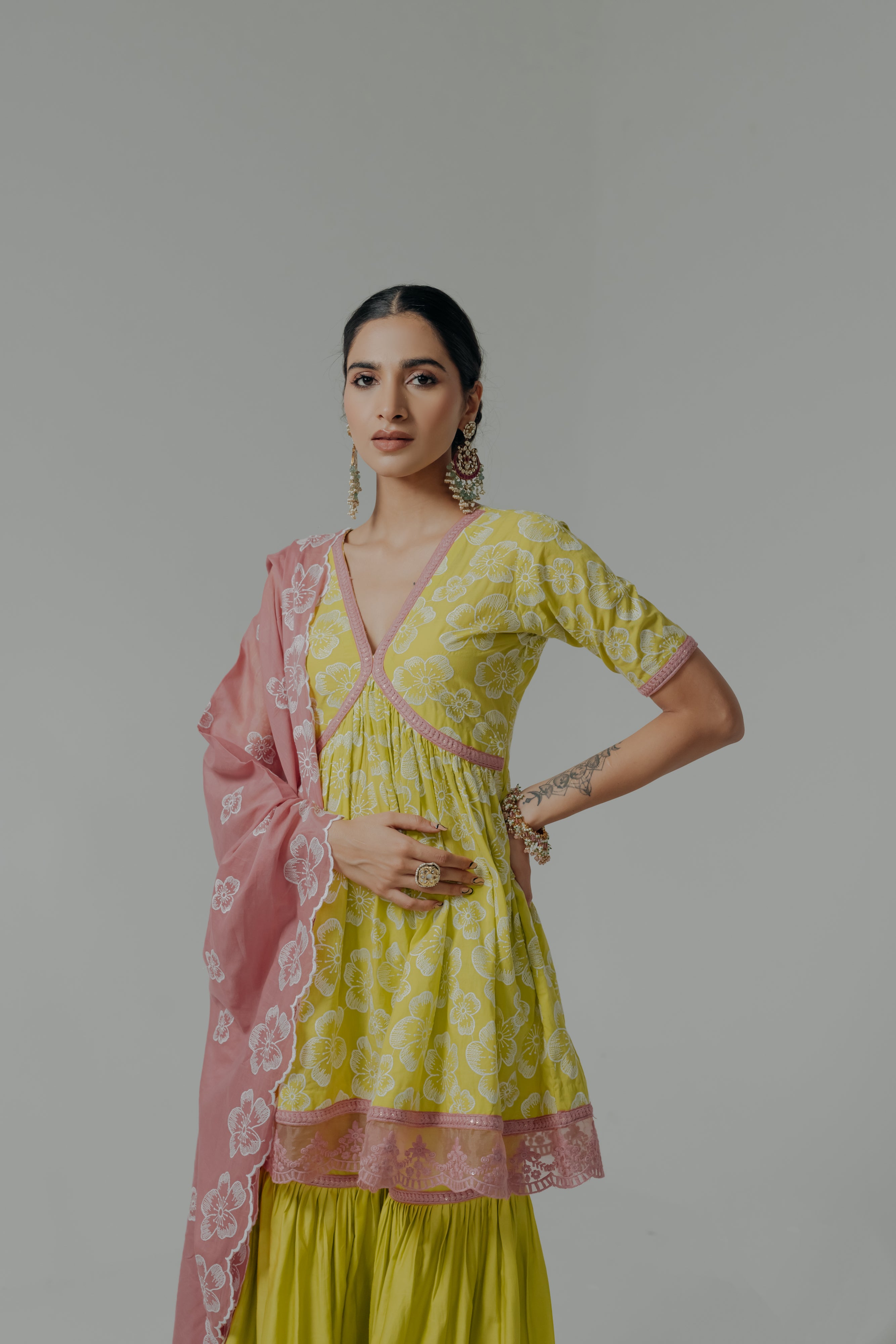 Shireen Pink & Green Embroidered Cotton Kurti