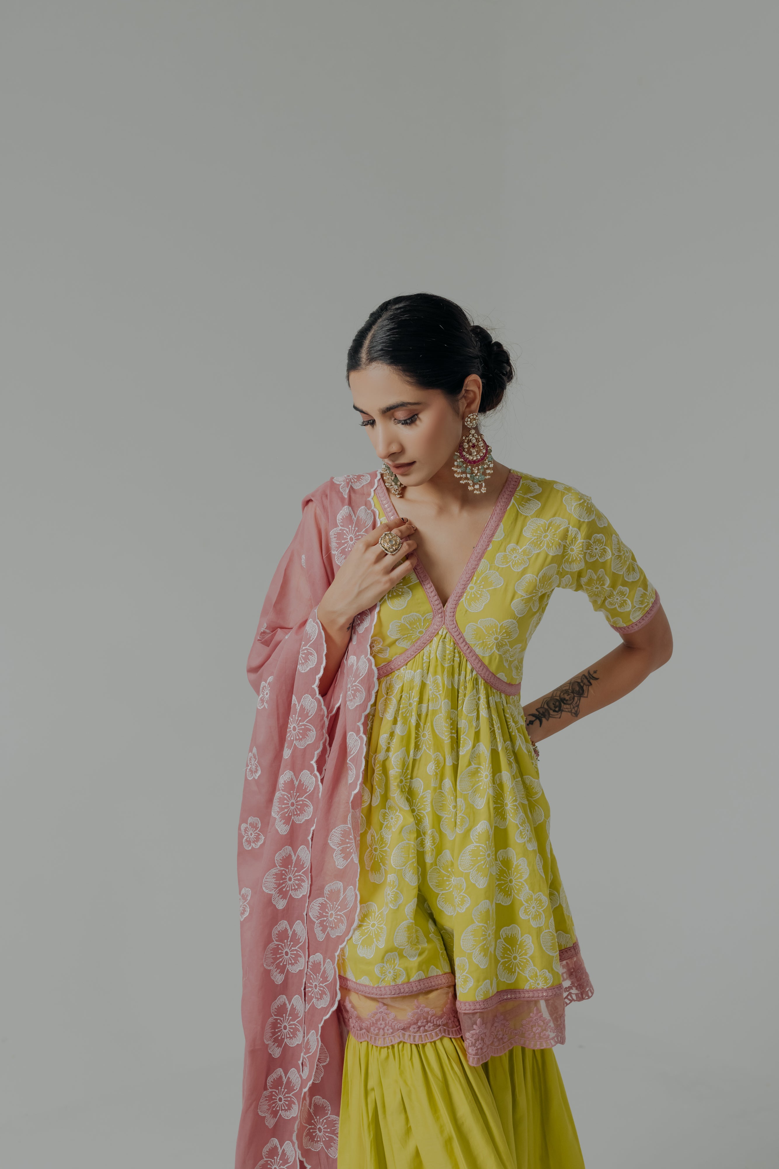 Shireen Pink & Green Embroidered Cotton Kurti