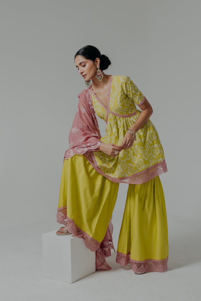 Shireen Green & Pink Embroidered Cotton Kurti, Sharara & Dupatta Set