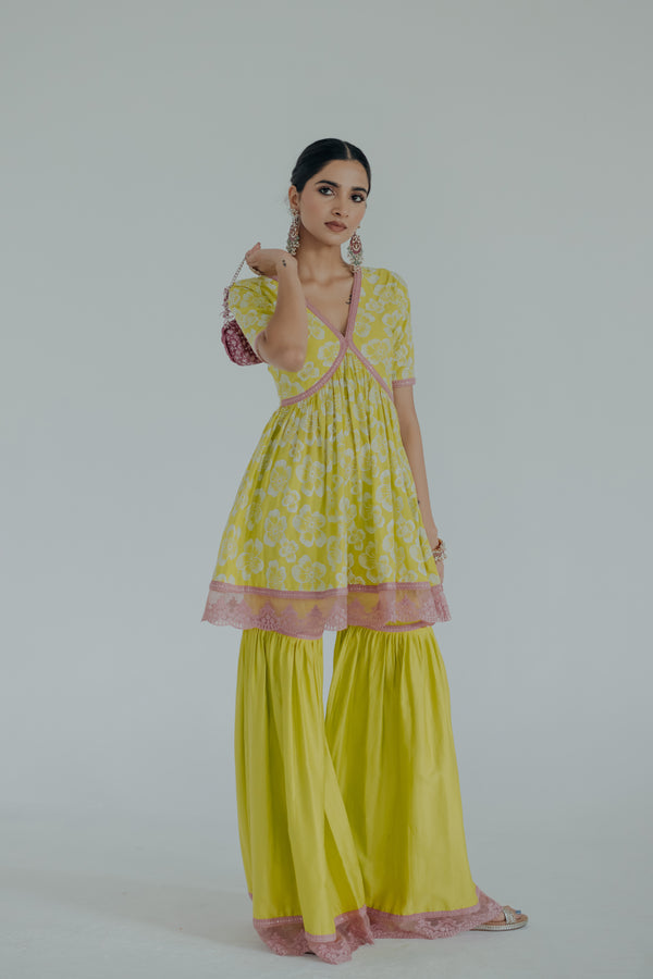 Shireen Green & Pink Embroidered Cotton Kurti & Sharara Set