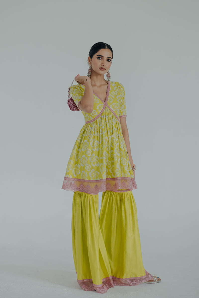 Shireen Green & Pink Embroidered Cotton Kurti & Sharara Set