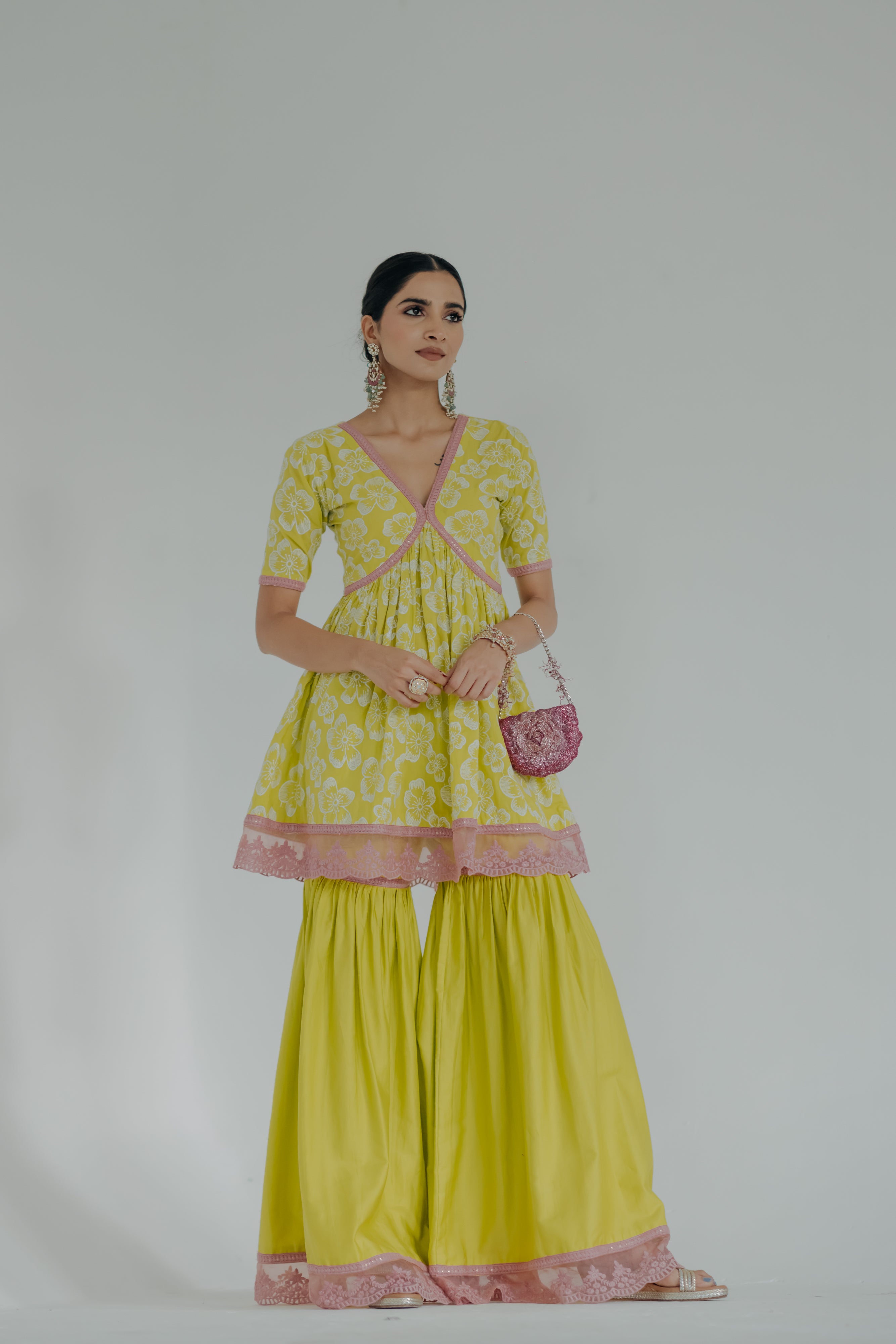 Shireen Green & Pink Embroidered Cotton Kurti & Sharara Set