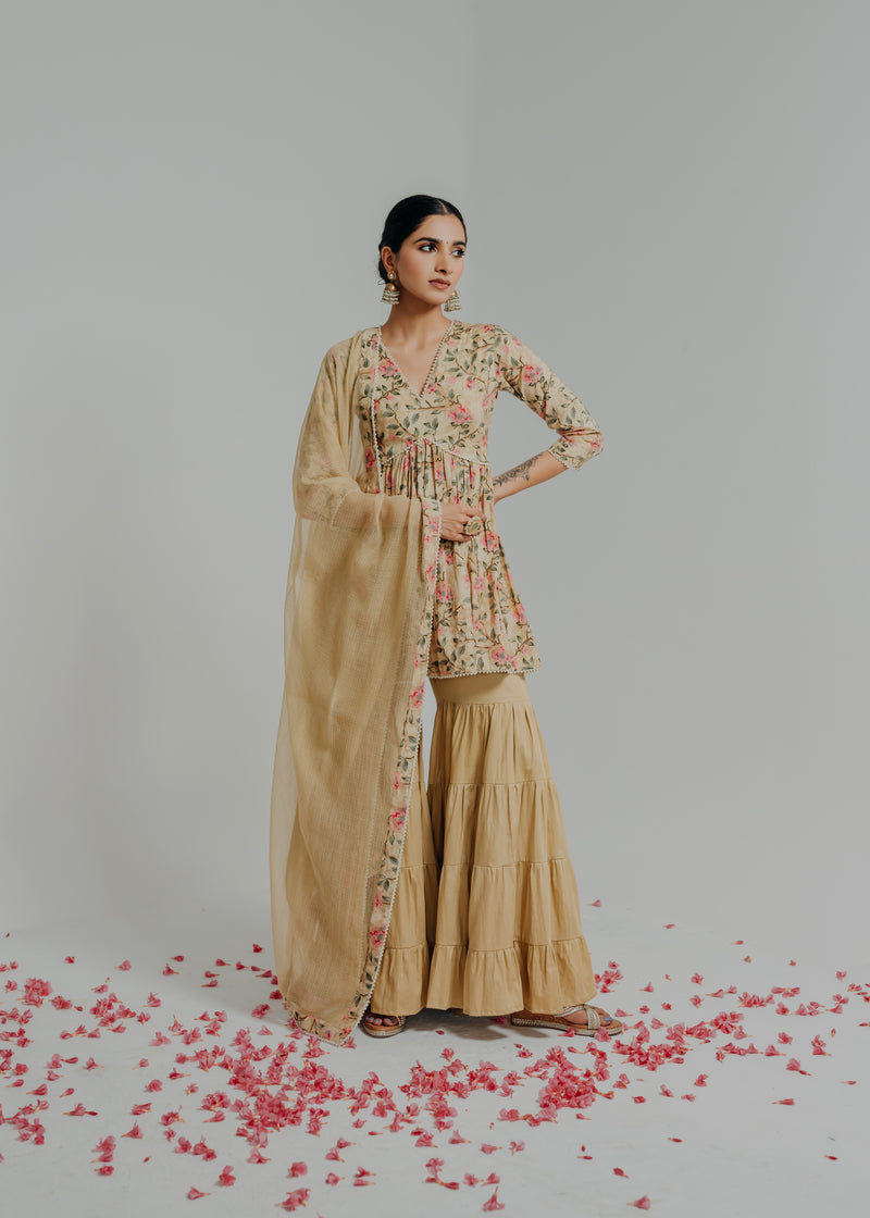 Huma Mustard Printed Cotton Kurti & Sharara Set