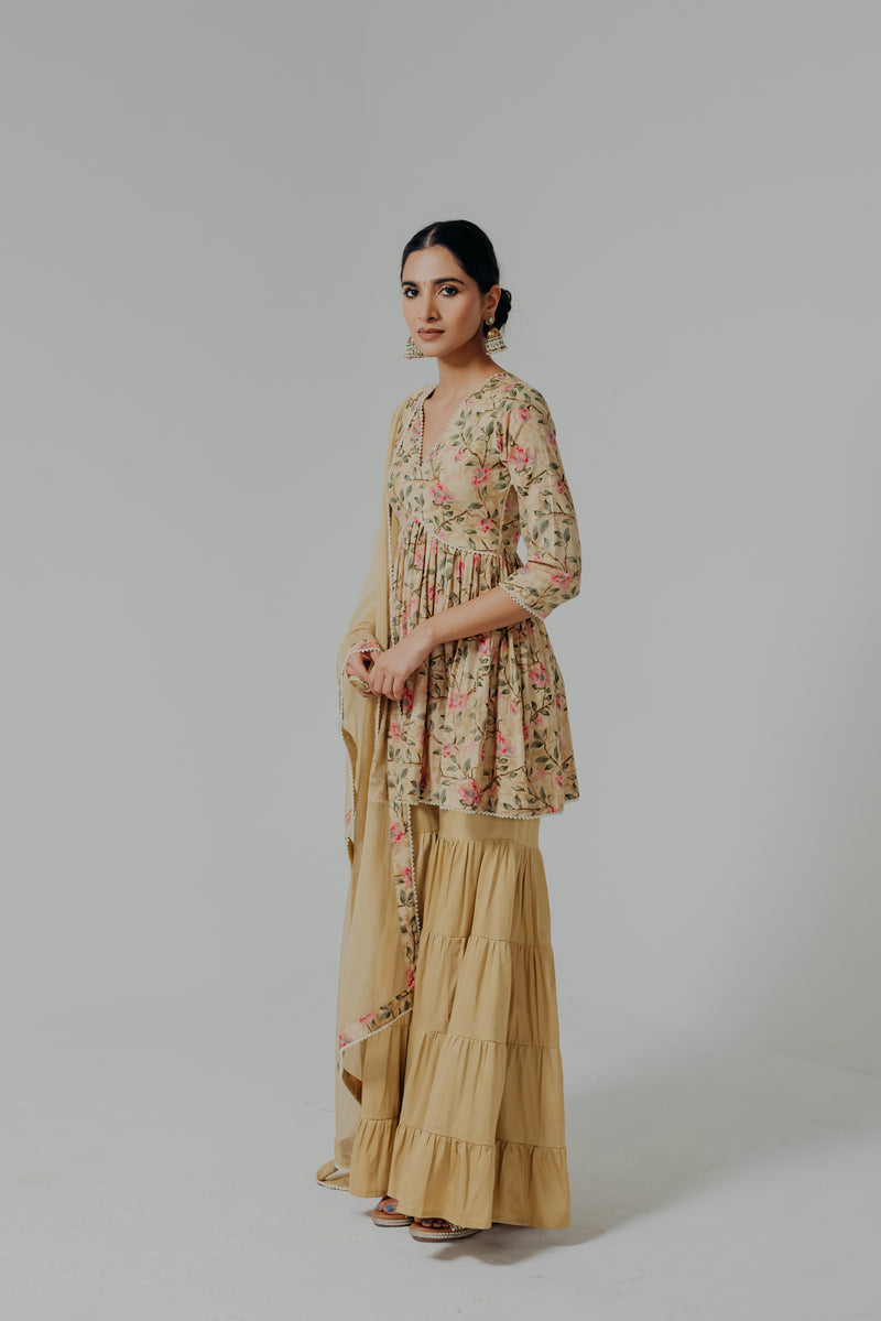 Huma Mustard Printed Cotton Kurti & Sharara Set