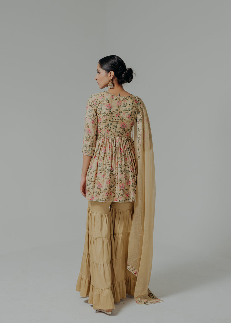 Huma Mustard Printed Cotton Kurti & Sharara Set