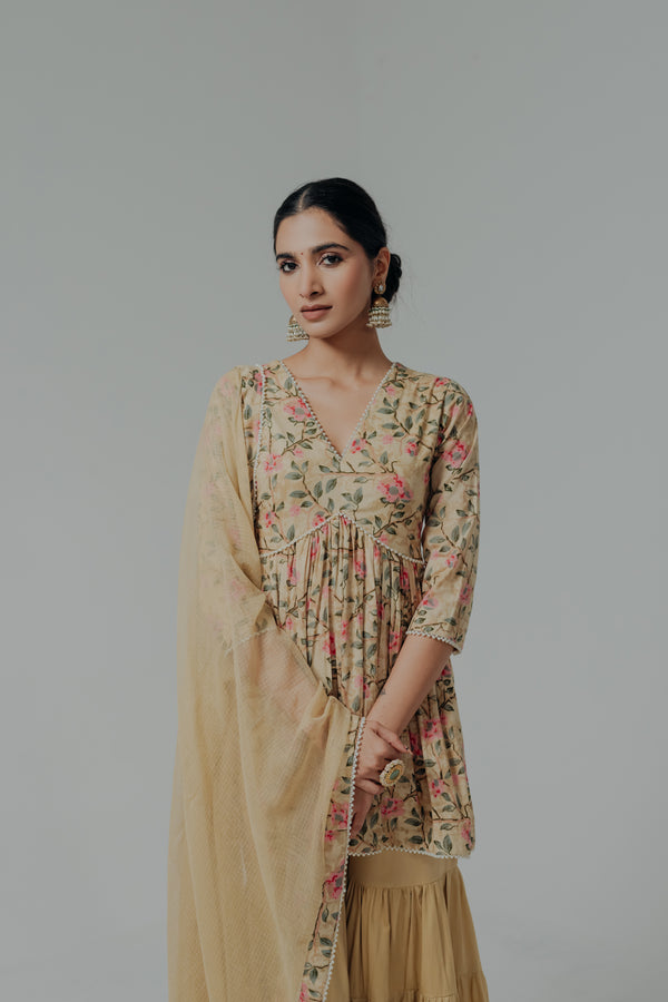 Huma Mustard Printed Cotton Kurti, Sharara & Dupatta Set