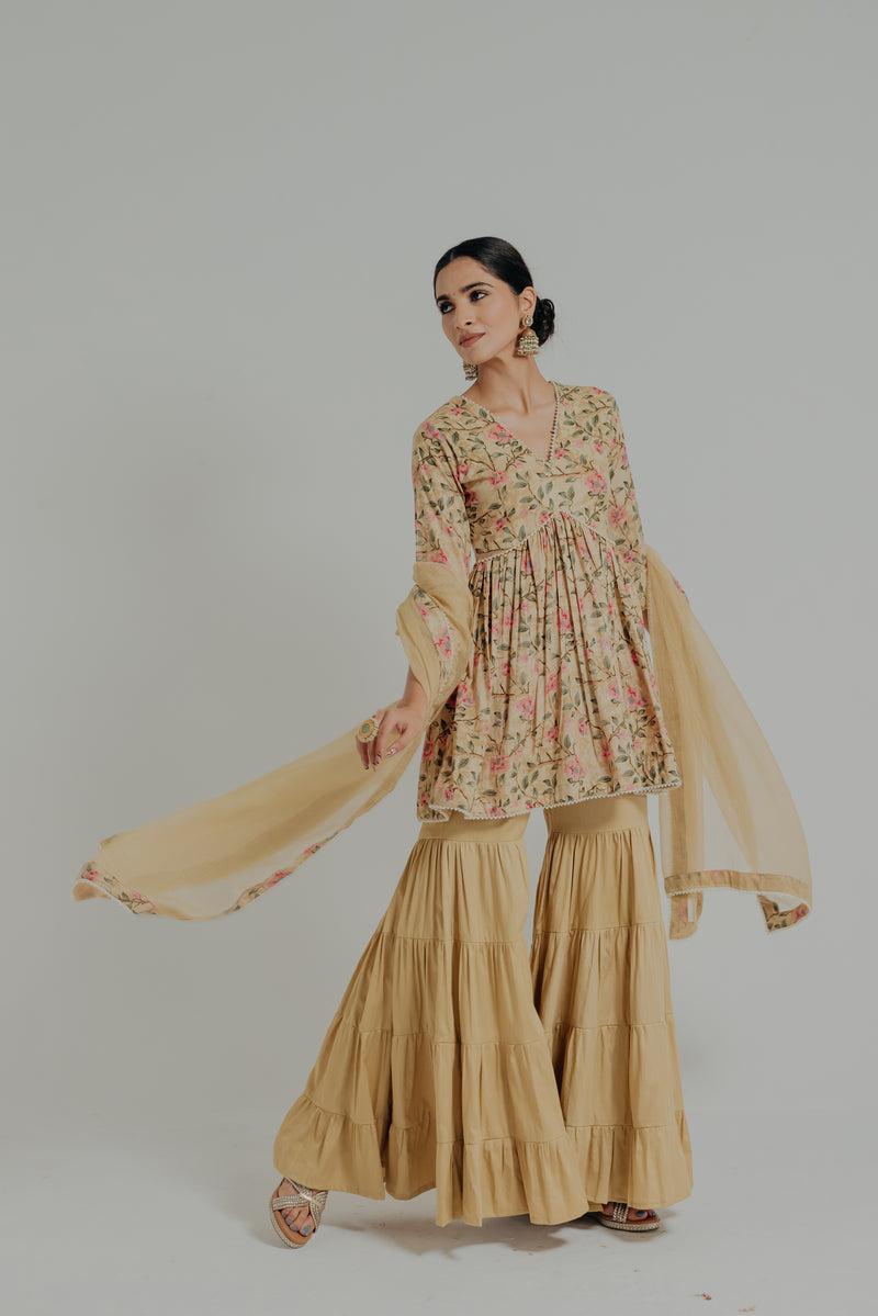 Huma Mustard Printed Cotton Kurti & Sharara Set