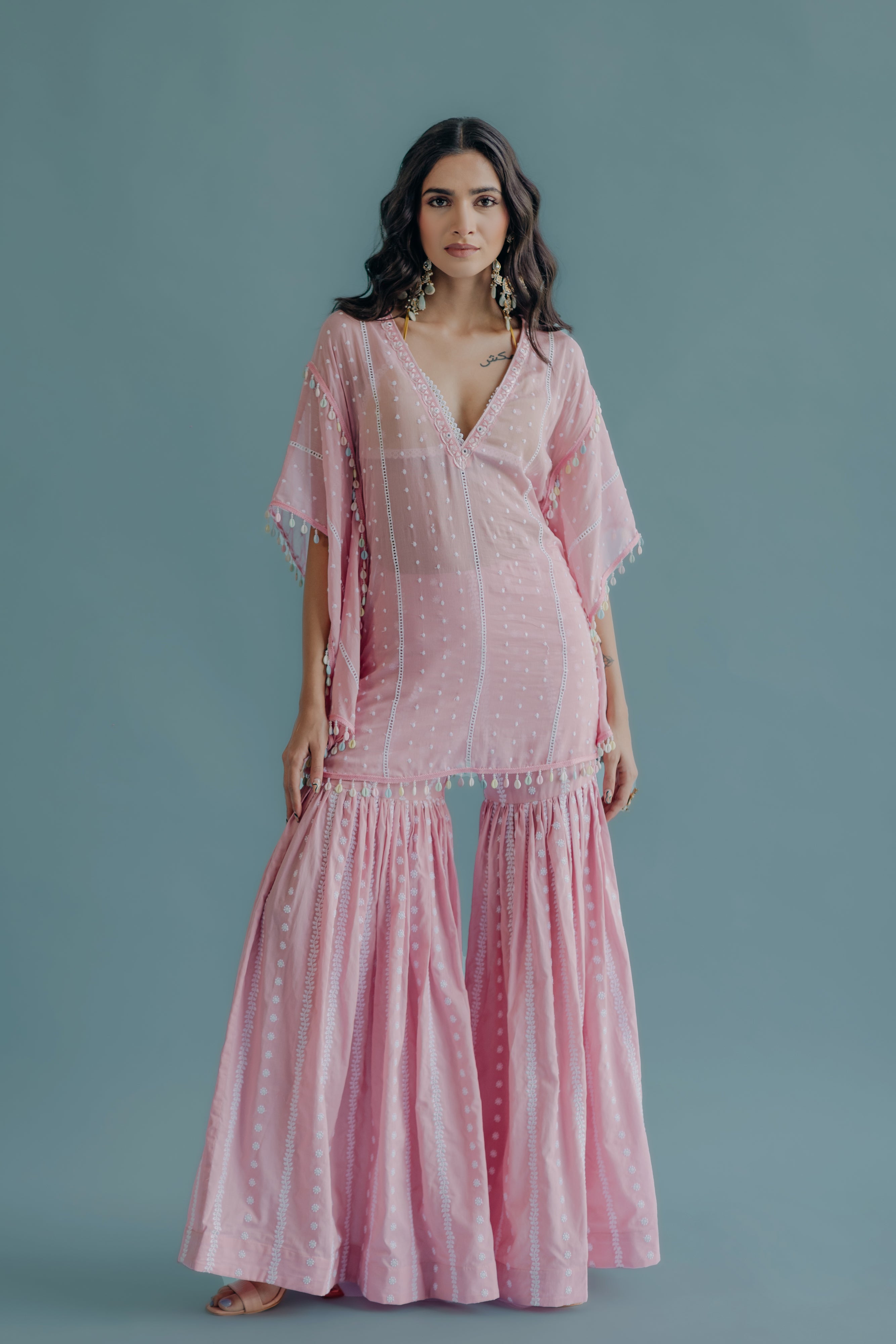 Laila Pink & Yellow Embroidered Cotton Kaftan, Blouse and Sharara Set