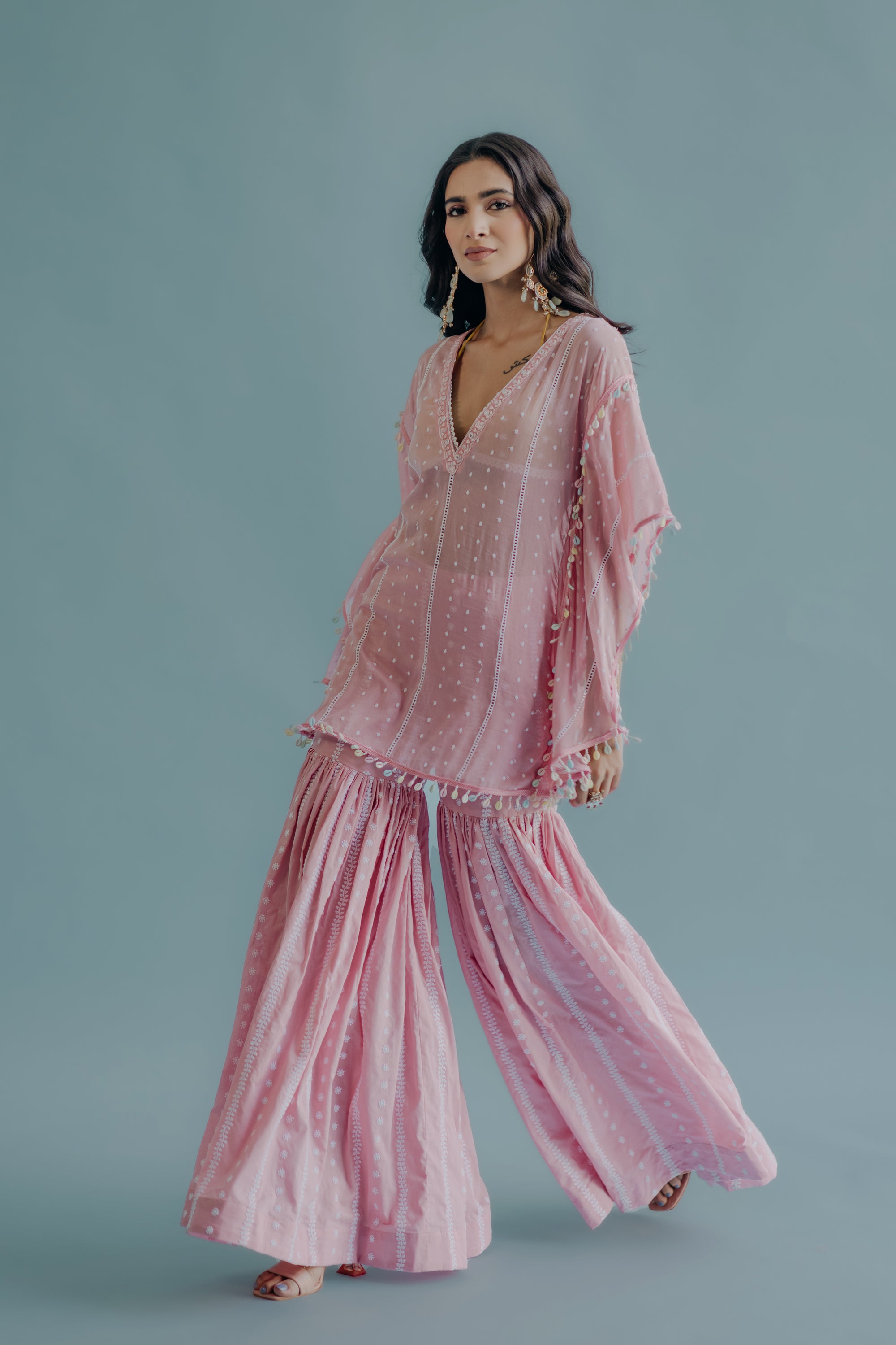 Magenta Pink Embroidered Kaftan And Frill Sharara With Dupatta