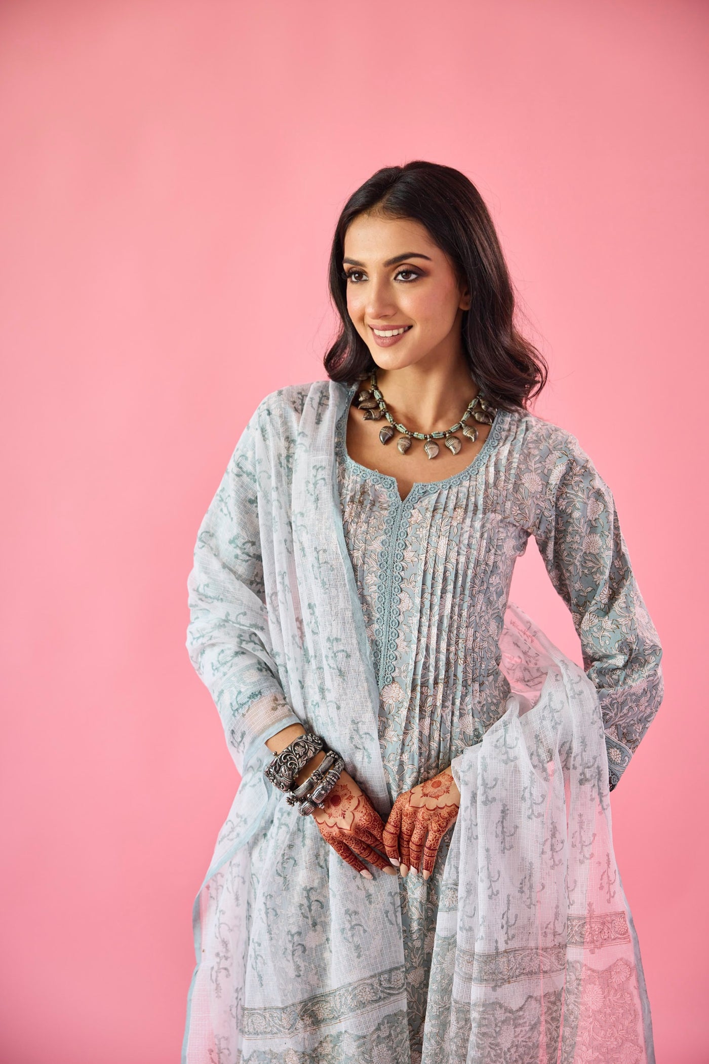 Yellow Cotton Kurta Pant Set with Nazneen Dupatta