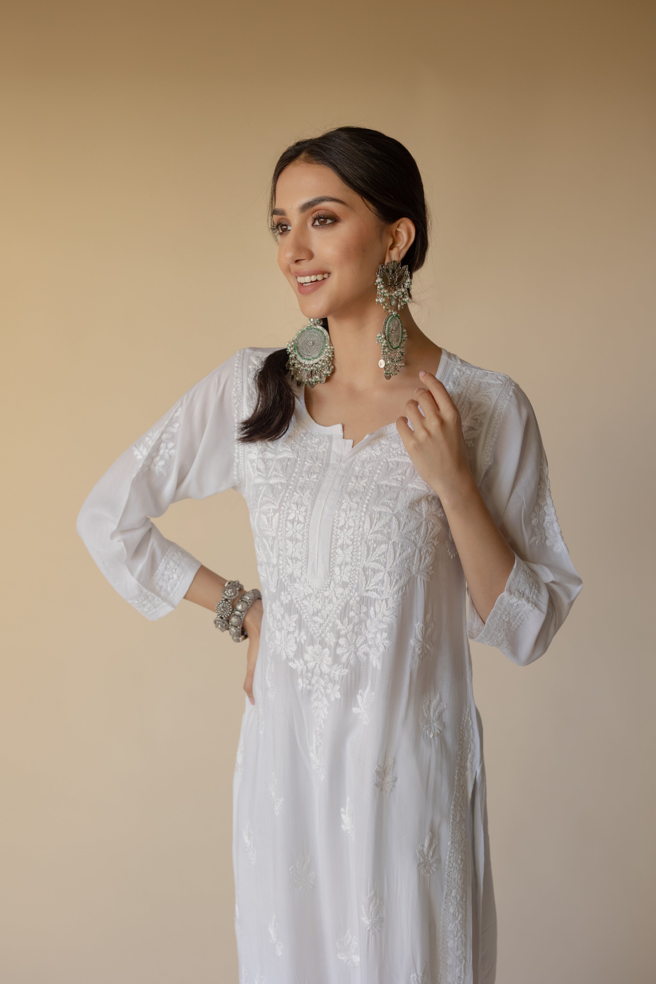 Razina White Modal Heavy Hand Embroidered Chikankari Kurta