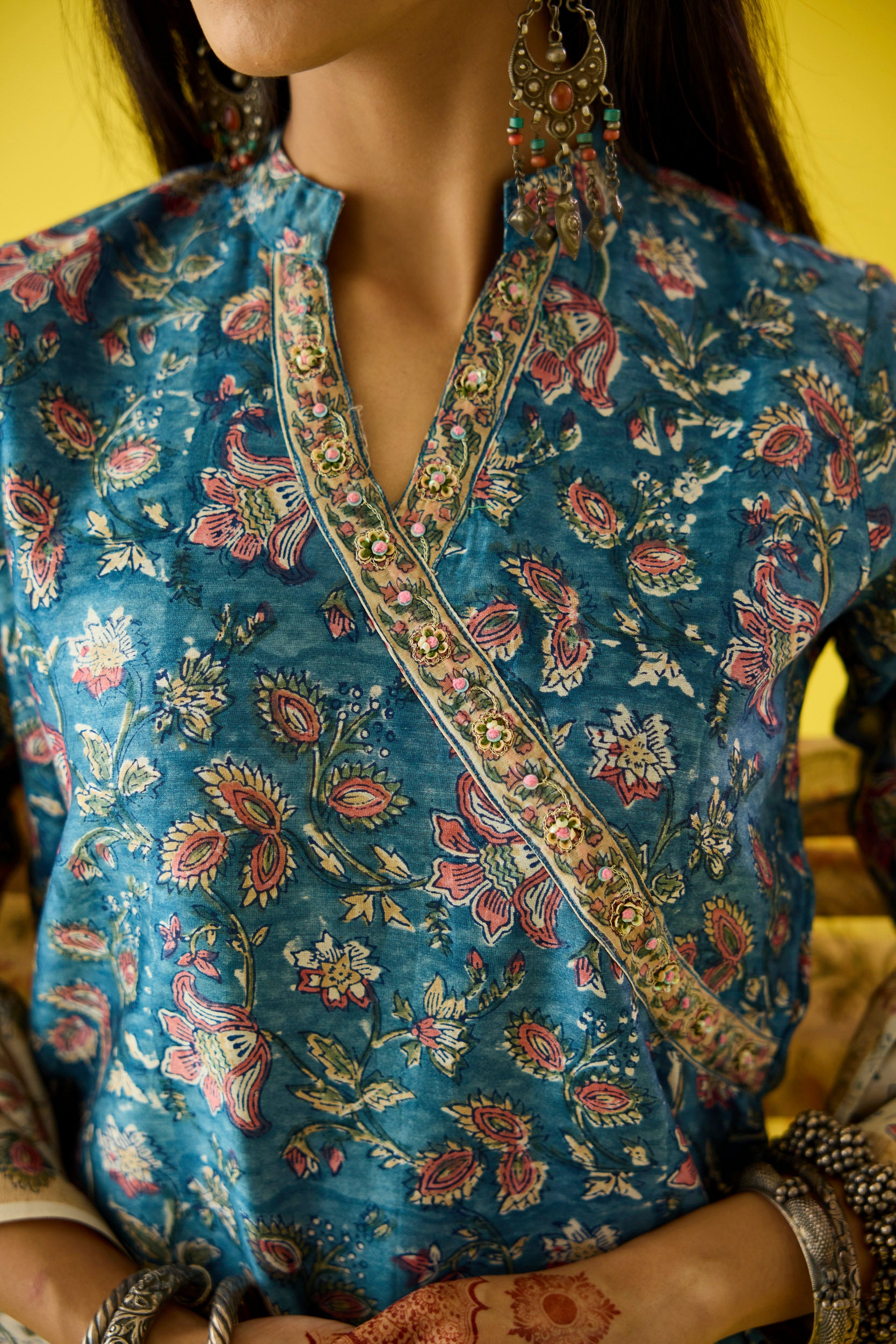 Roohani Blue & White Chanderi Hand Embroidered Kurta Set