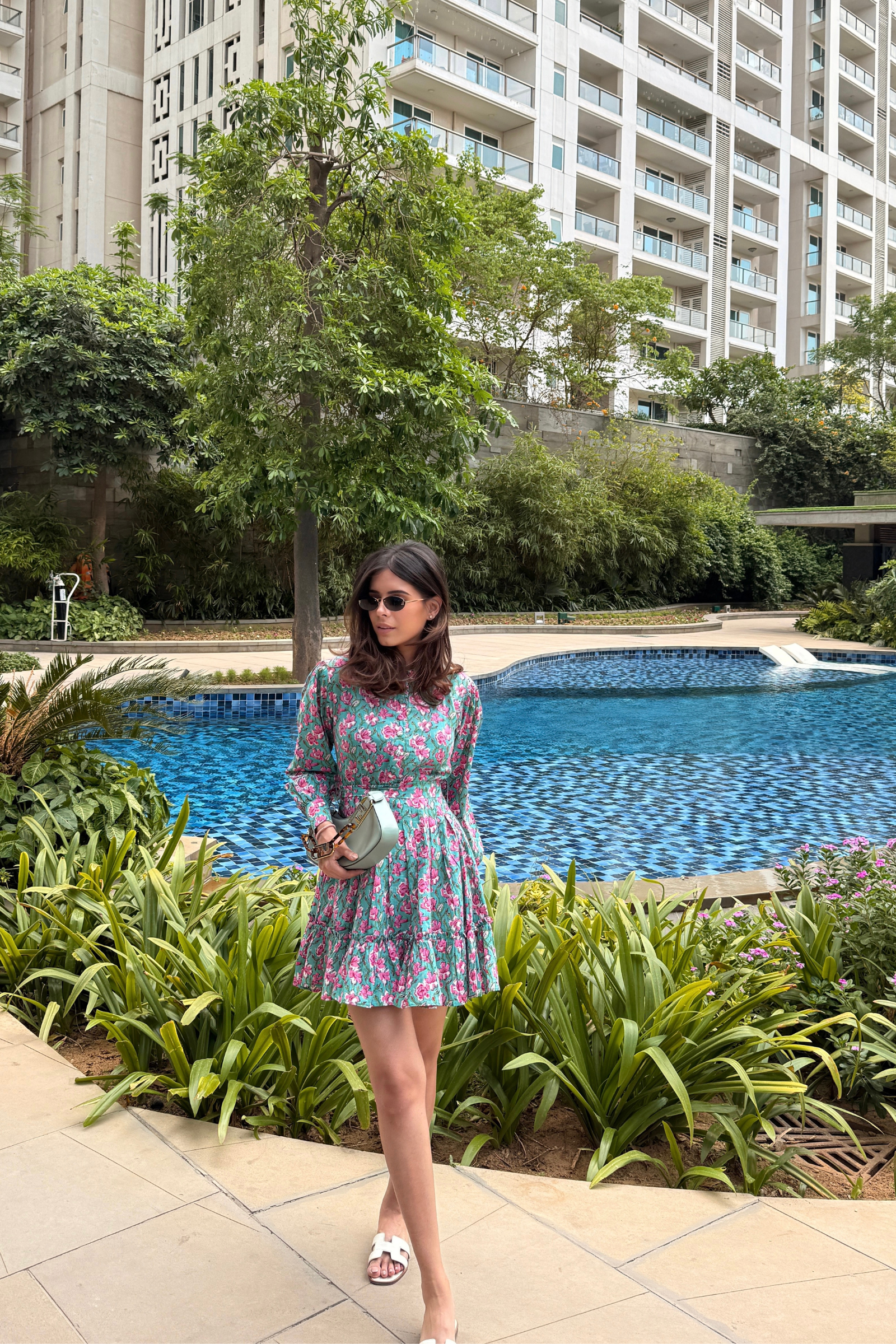 Ariel Green & Pink Printed Cotton Collared Dress